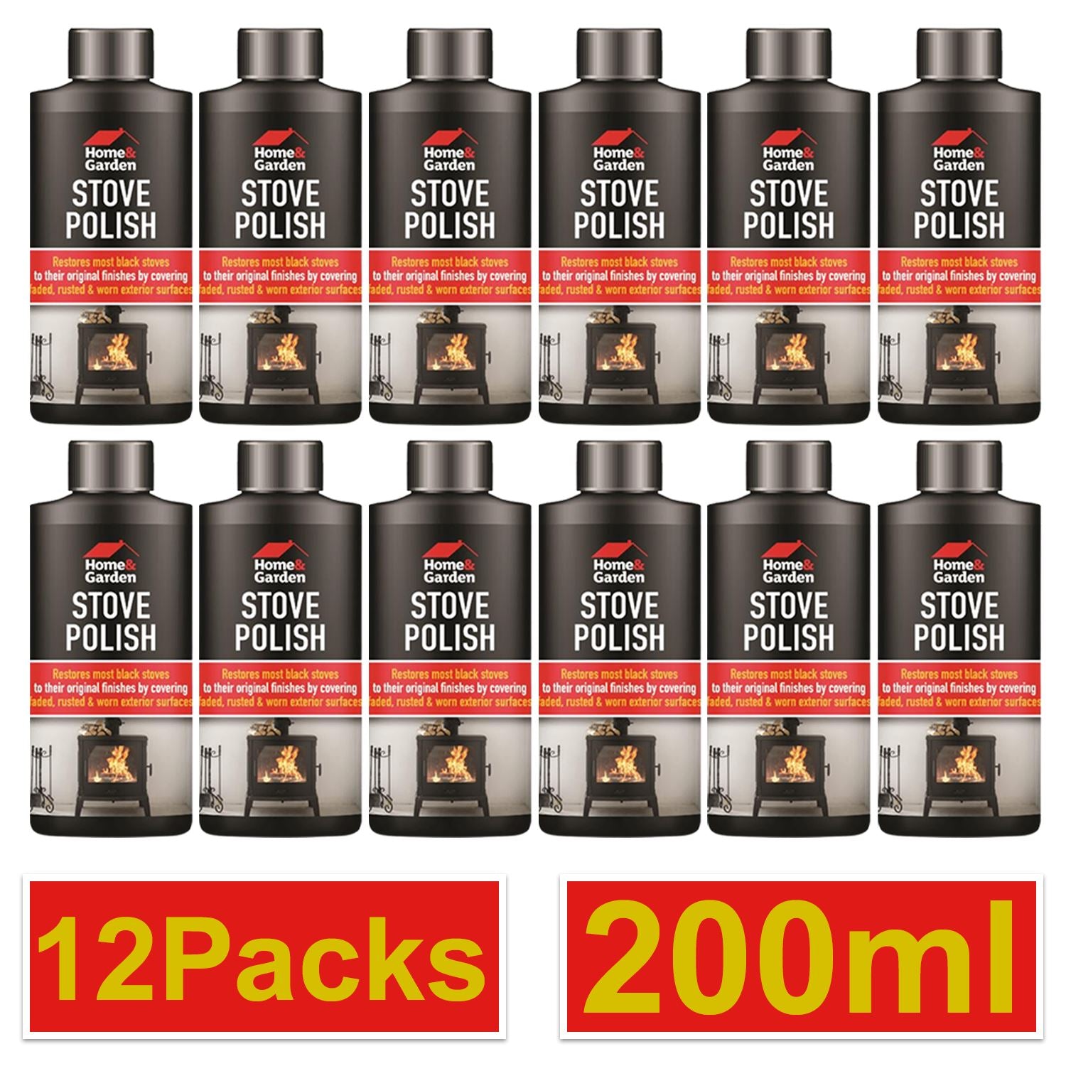 Home & Garden stove polish spray in 12 packs, 200ml bottles for restoring and maintaining stoves