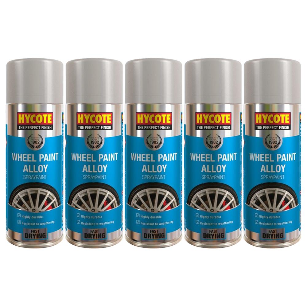 Set of five Hycote alloy wheel spray paint cans with silver caps and blue labels for durable fast drying