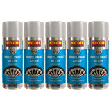 Set of five Hycote alloy wheel spray paint cans with silver caps and blue labels for durable fast drying