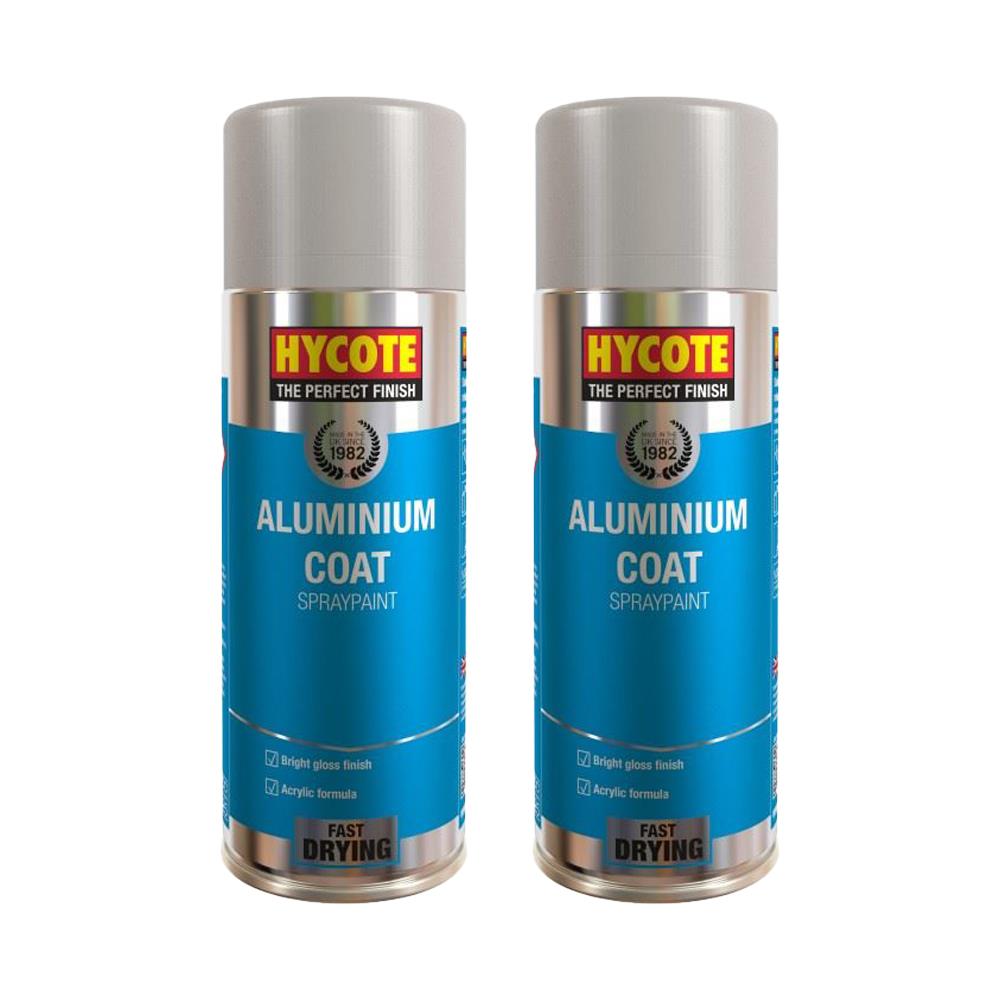 Two cans of Hycote Aluminium Spray Paint with bright gloss finish and fast drying formula