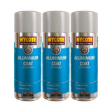 Three cans of Hycote aluminum spray paint 400ml with bright gloss finish and fast drying formula
