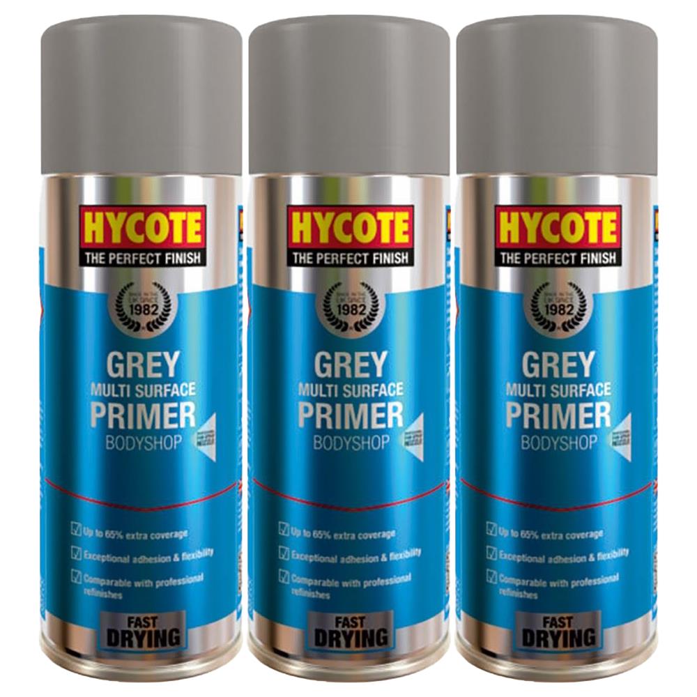 Hycote bodyshop primer spray cans in grey for multi-surface application and fast drying