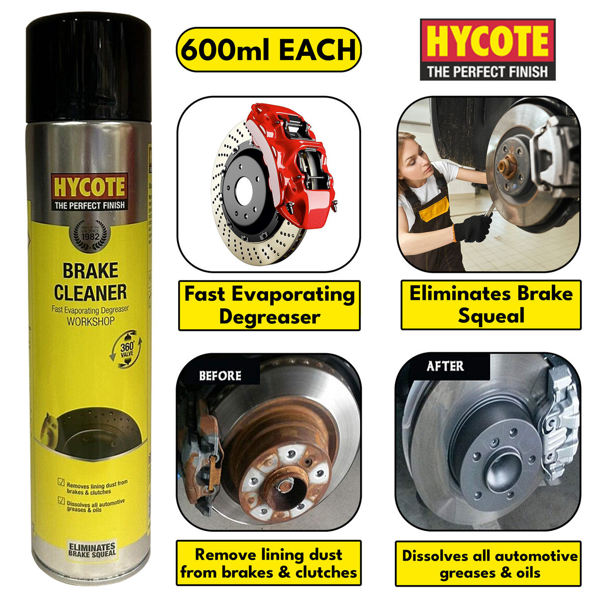 Hycote brake cleaner spray in 600ml can, effective degreaser for brake and clutch maintenance