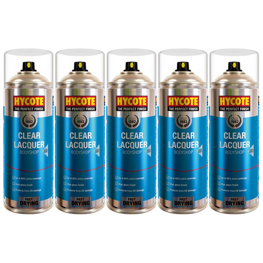 Set of five Hycote clear lacquer spray paint cans for fast drying and high gloss finish