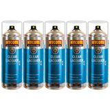 Set of five Hycote clear lacquer spray paint cans for fast drying and high gloss finish