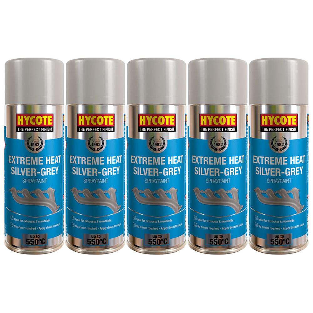 Five cans of Hycote extreme heat spray paint in silver grey for high temperature resistance
