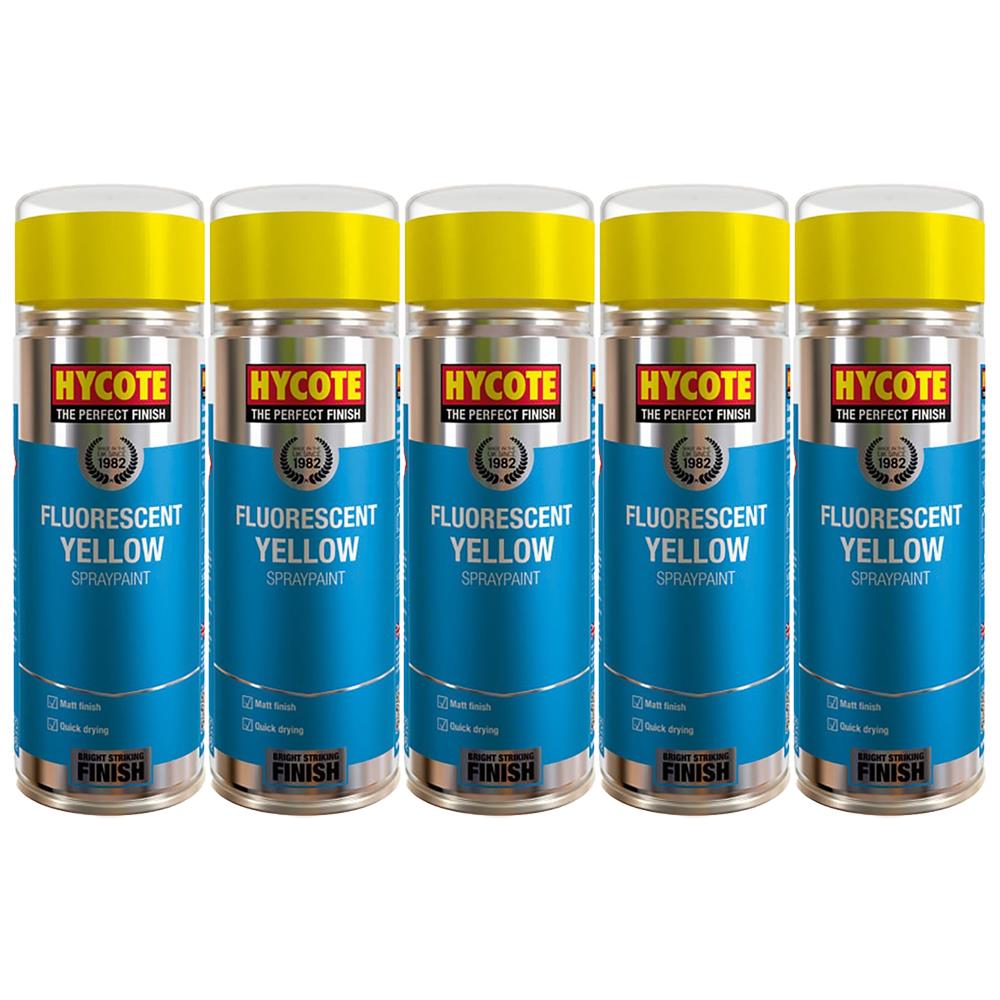 Five cans of Hycote fluorescent yellow spray paint with yellow caps for bright coating