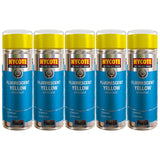 Five cans of Hycote fluorescent yellow spray paint with yellow caps for bright coating