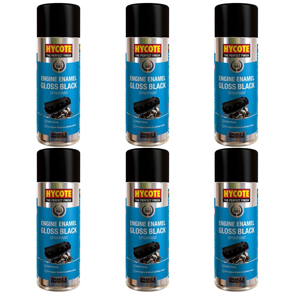 Six cans of Hycote gloss black engine enamel spray paint for durable engine finish