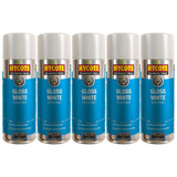 Five cans of Hycote gloss white spray paint with fast drying and superior coverage