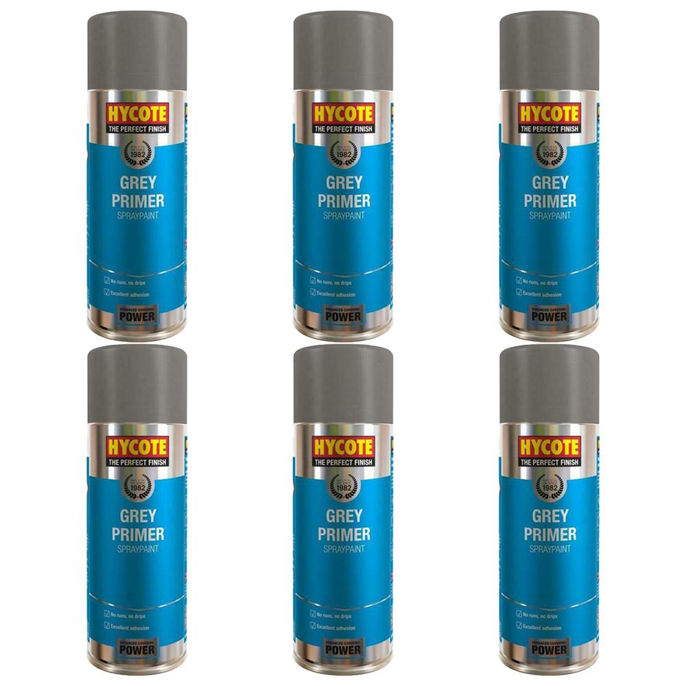 Hycote grey primer spray 400ml cans arranged in two rows of three with grey caps and blue labels