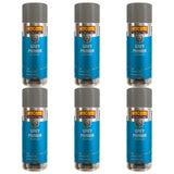 Hycote grey primer spray 400ml cans arranged in two rows of three with grey caps and blue labels