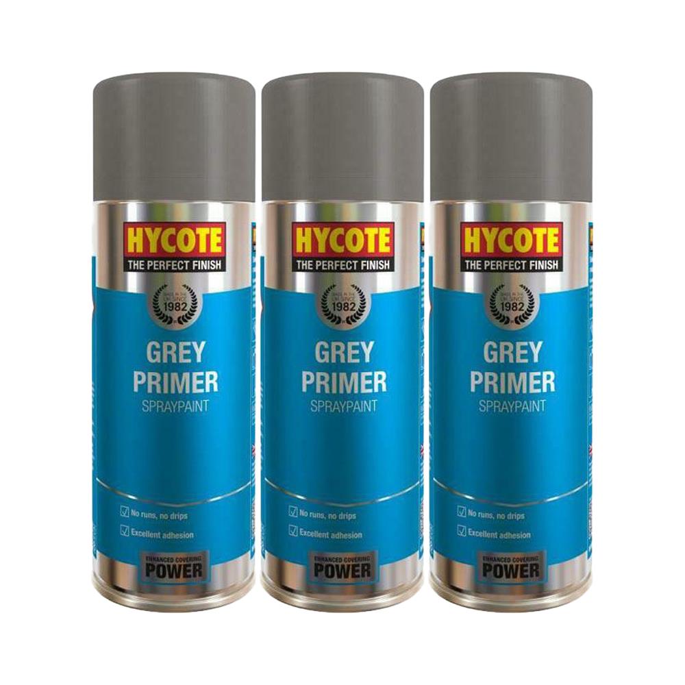 Hycote grey primer spray 400ml cans in a row for high-quality priming and surface preparation