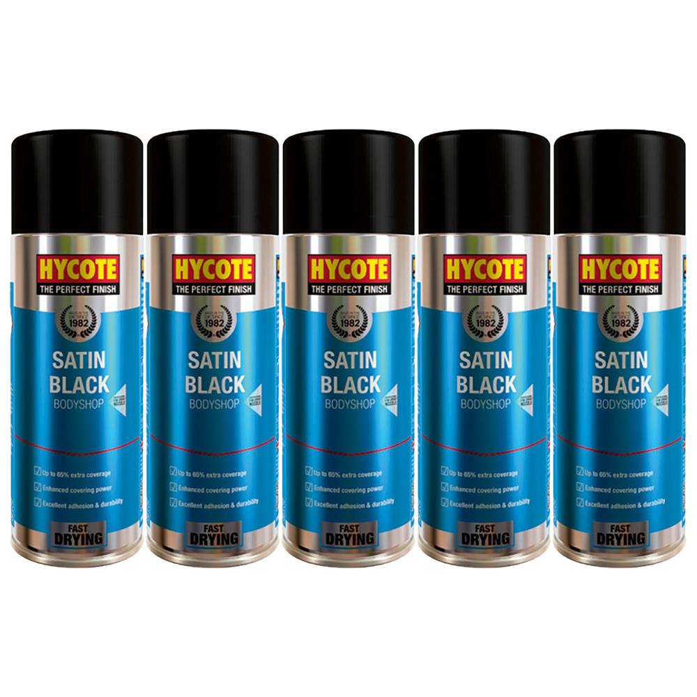 Hycote satin black spray paint cans lined up with blue labels and black caps for bodyshop use