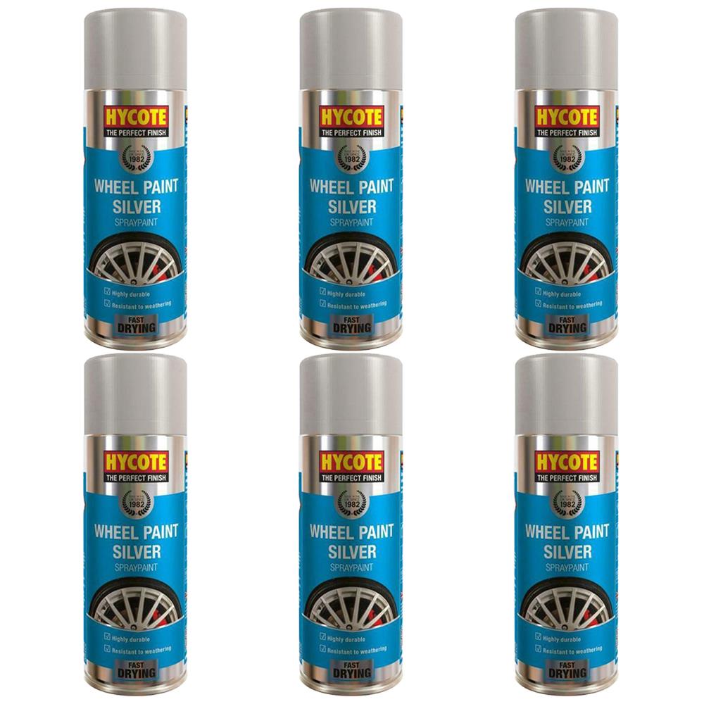 Six cans of Hycote silver wheel spray paint for fast drying and durable finish