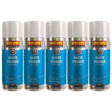 Five cans of Hycote white primer spray 400ml with blue labels for smooth paint finish