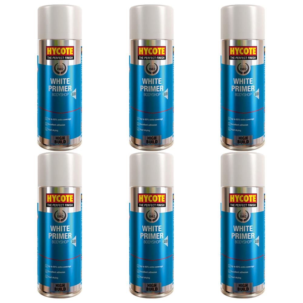 Six cans of Hycote white primer spray for automotive and bodyshop use with high build formula