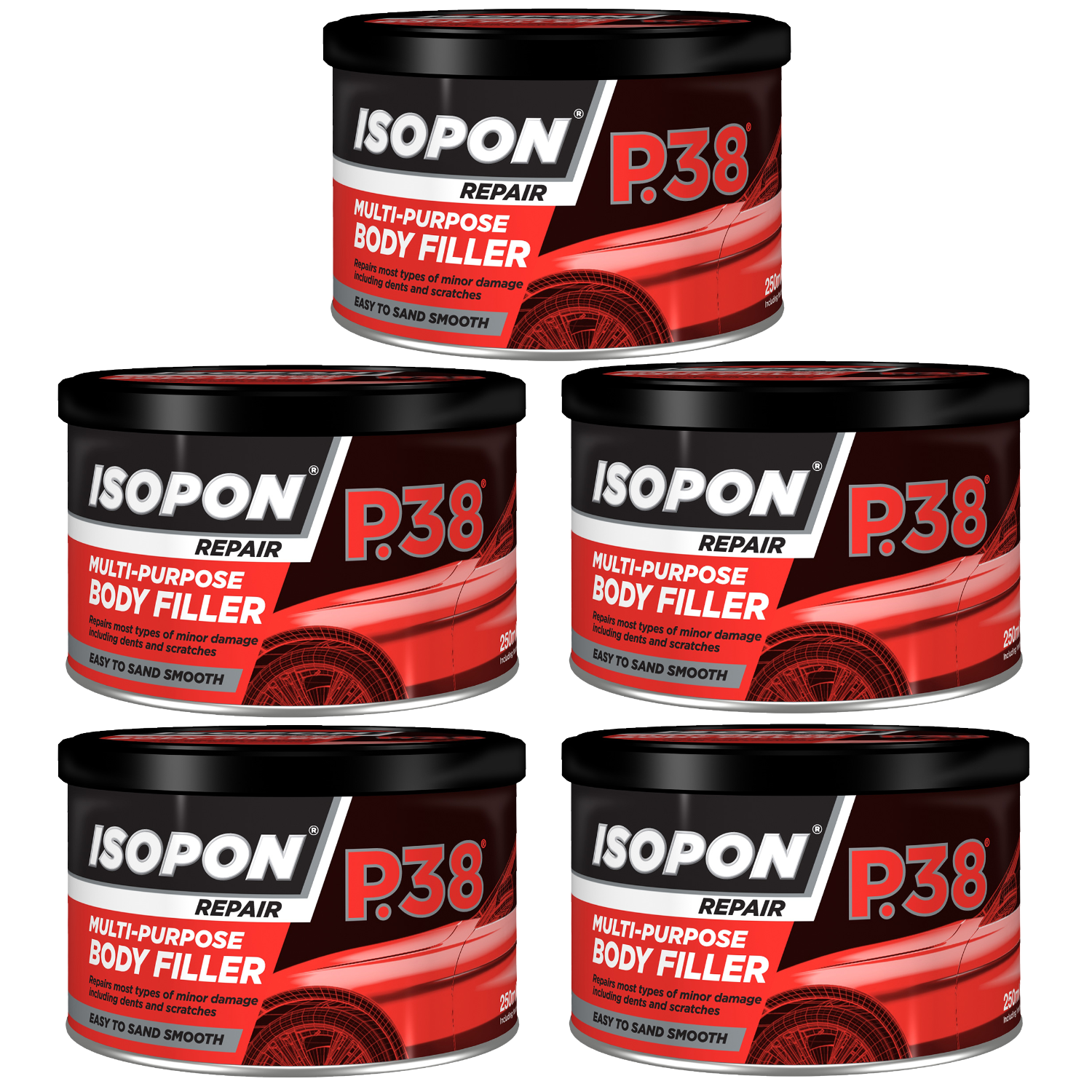 Five containers of ISOPON P.38 multi-purpose body filler on a white background