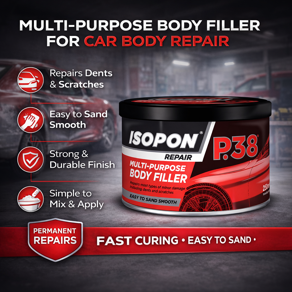 Isopon P.38 multi-purpose body filler for car body repair with features listed.