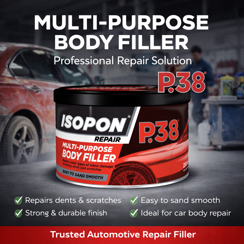Isopon P.38 multi-purpose body filler can with car repair background