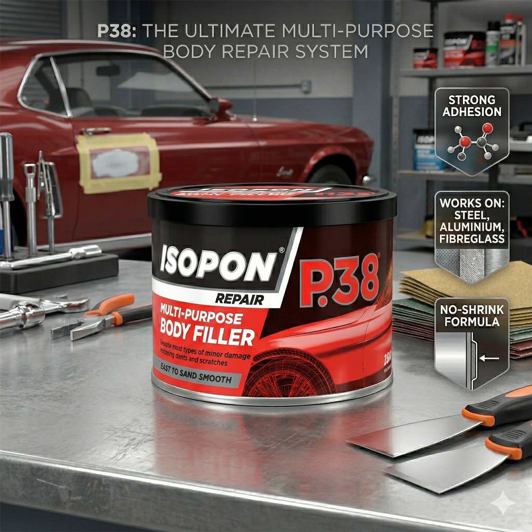 ISOPON P.38 body filler can on a workbench with tools and a car in the background