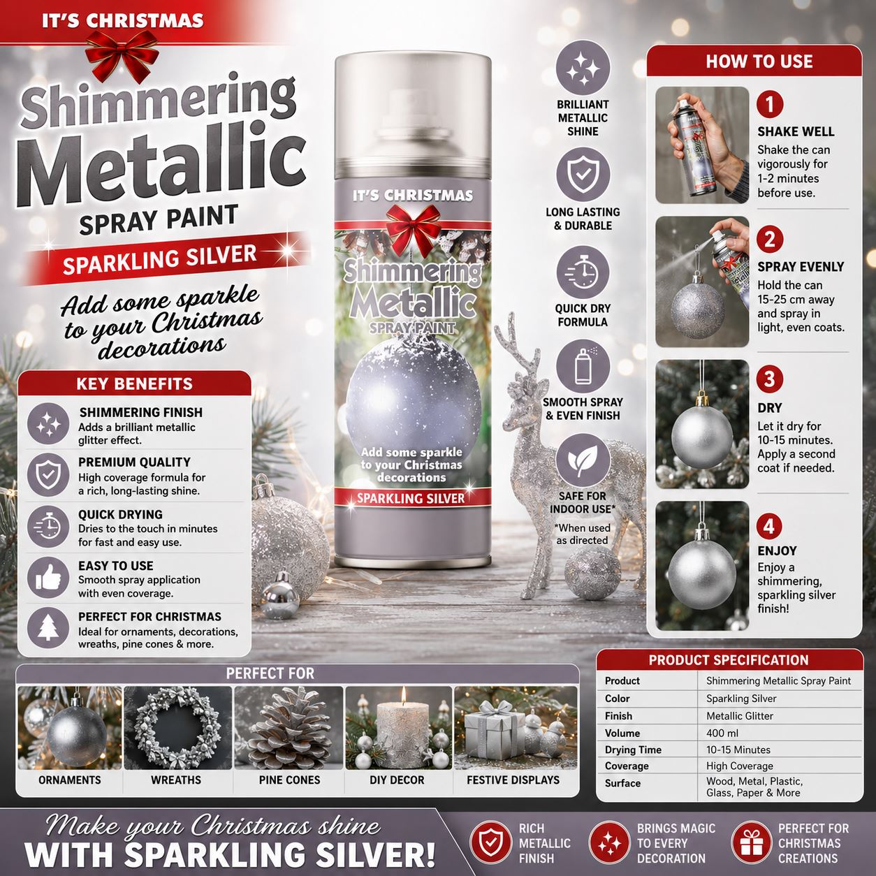 Rapide Shimmering Metallic Spray Paint in Sparkling Silver for festive decorations, perfect for paint with spray gun