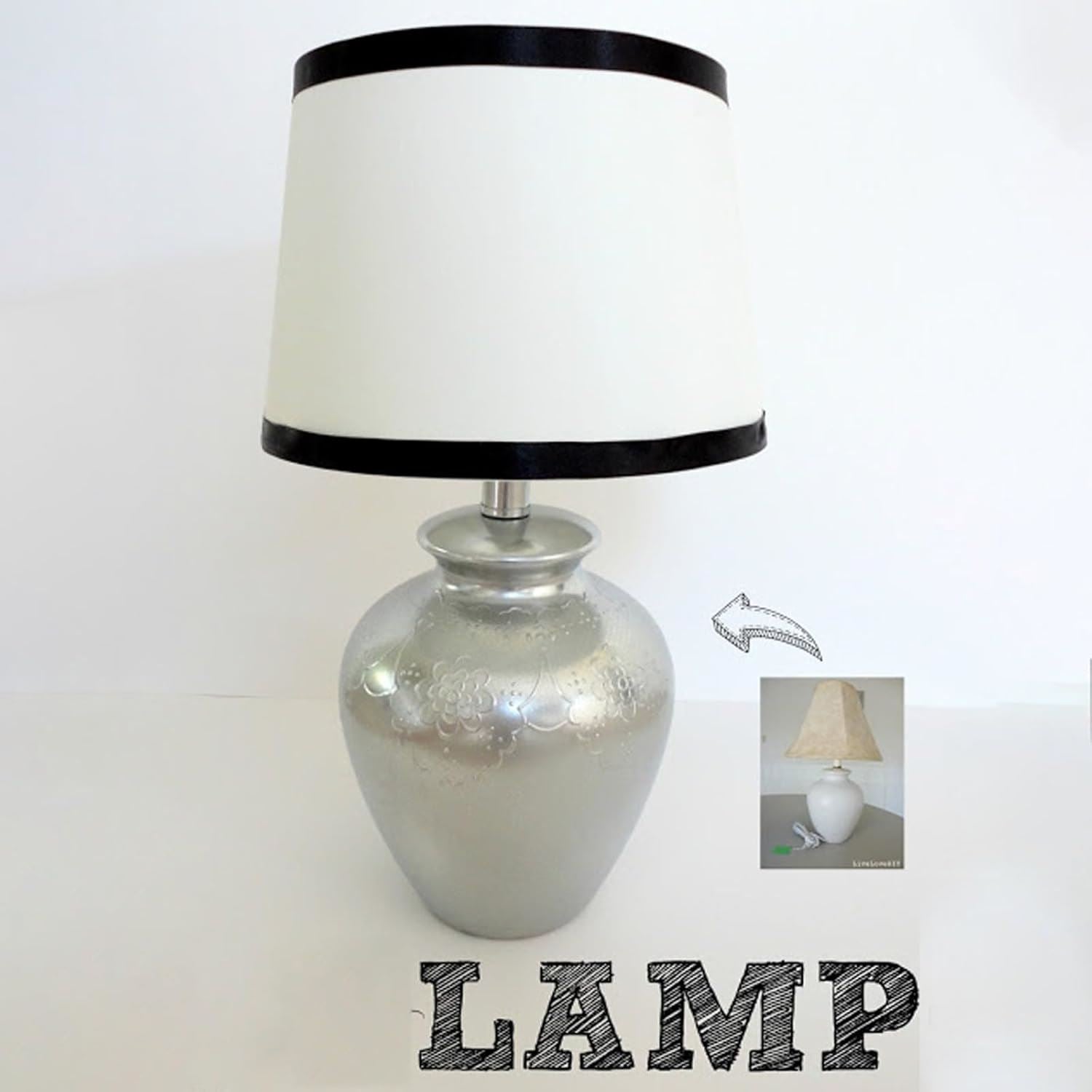 Metallic silver paint tin 300ml next to a stylish silver lamp with a black trim lampshade