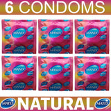 Six Manix male condoms by Mates in pink packaging labeled extra comfort condoms for natural feel