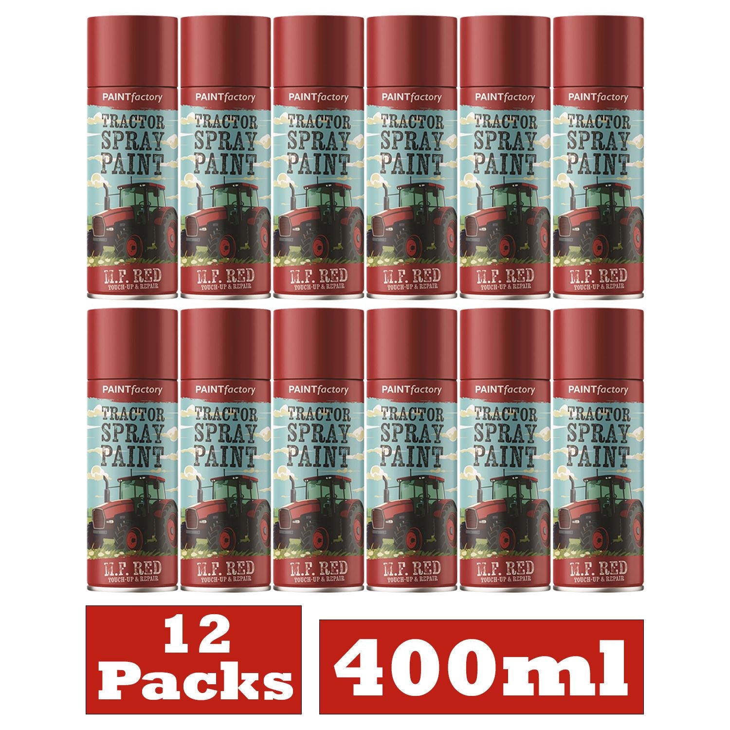 12 pack of Paint Factory Massey Ferguson red spray paint cans, 400ml each for tractor restoration