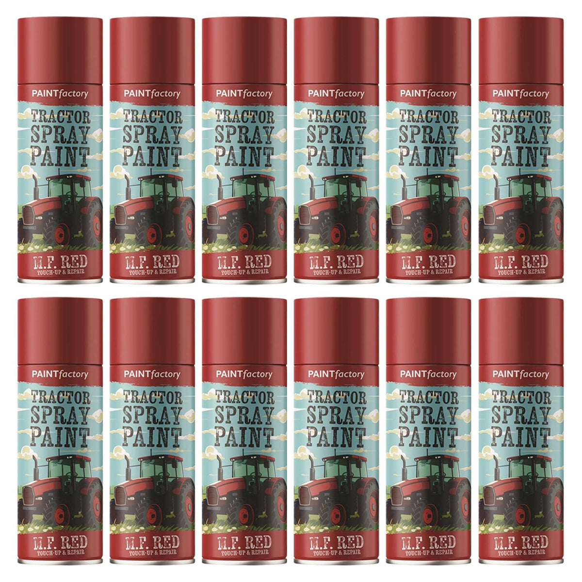 Multiple cans of Paint Factory Massey Ferguson red spray paint for tractor restoration projects