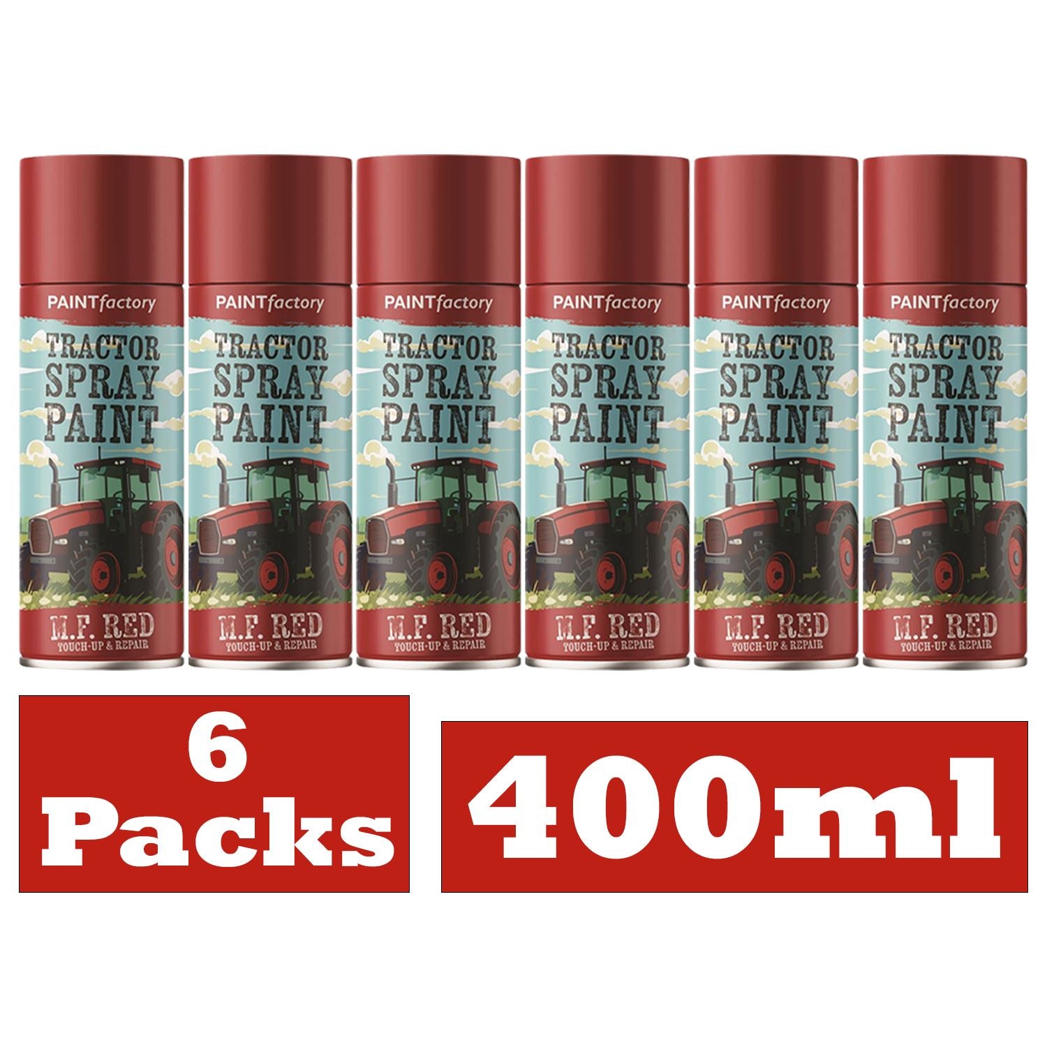 Pack of six 400ml Massey Ferguson red spray paint cans from Paint Factory, ideal for tractor restoration
