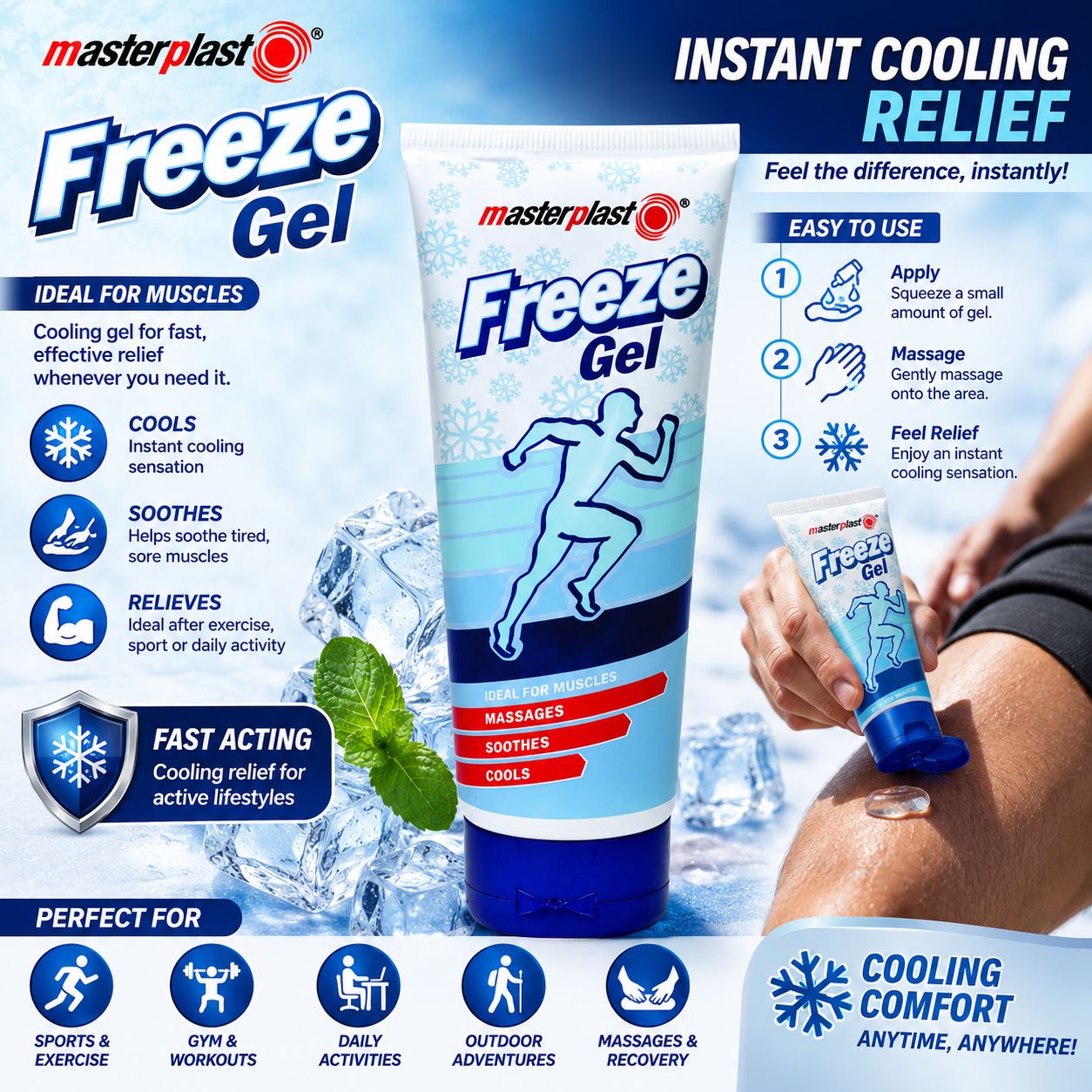 Masterplast Freeze Gel Tube for fast relief, ideal for muscles and perfect cooling packs