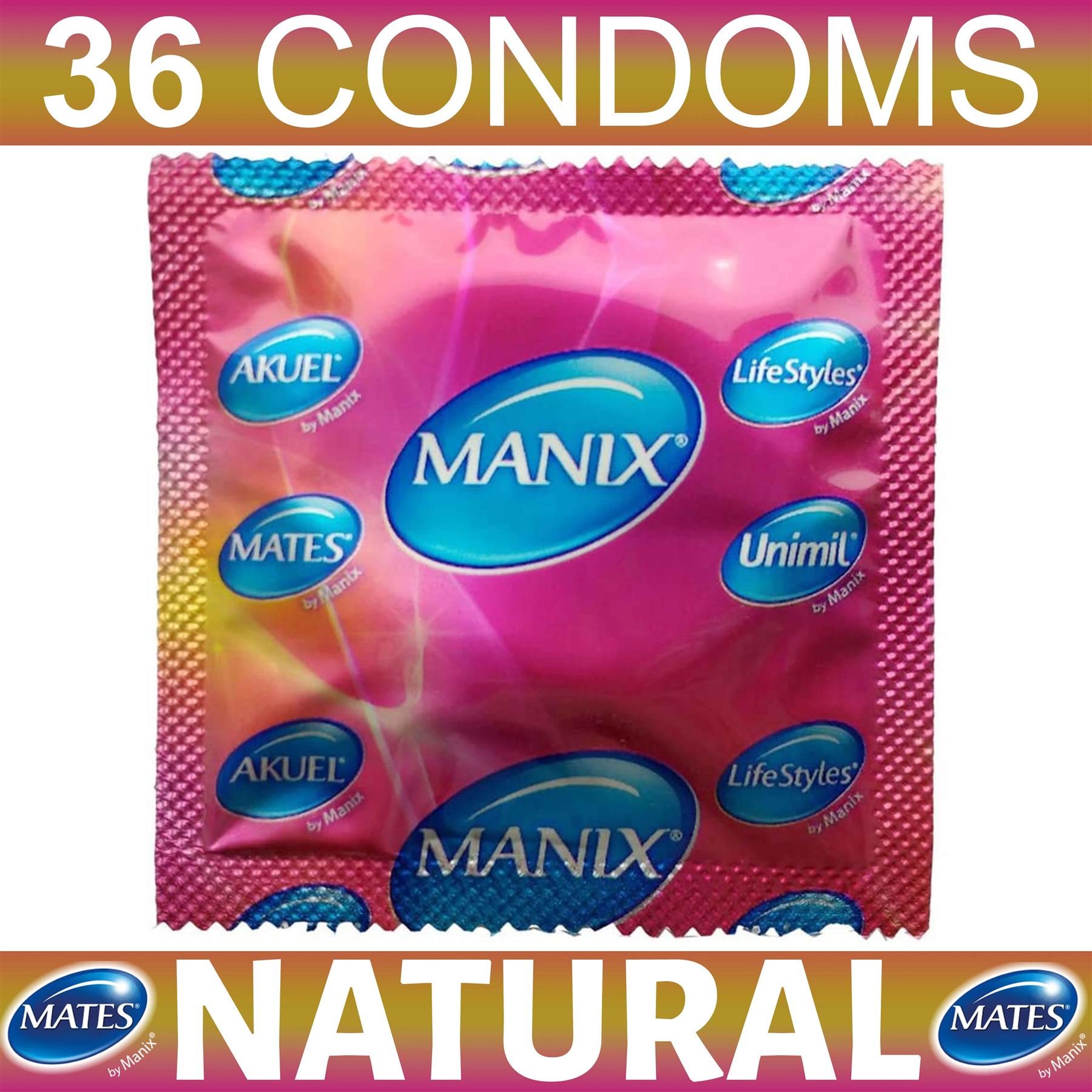 Mates condoms natural comfort pink Manix condom wrapper with blue logos for 36 condoms pack