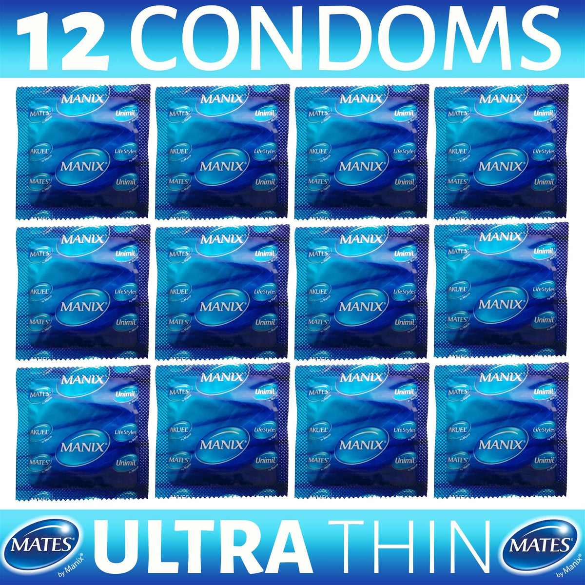 Mates ultra thin condoms 12 pack arranged in a 3 by 4 grid with blue packaging and branding