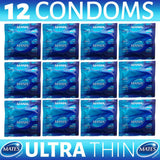 Mates ultra thin condoms 12 pack arranged in a 3 by 4 grid with blue packaging and branding