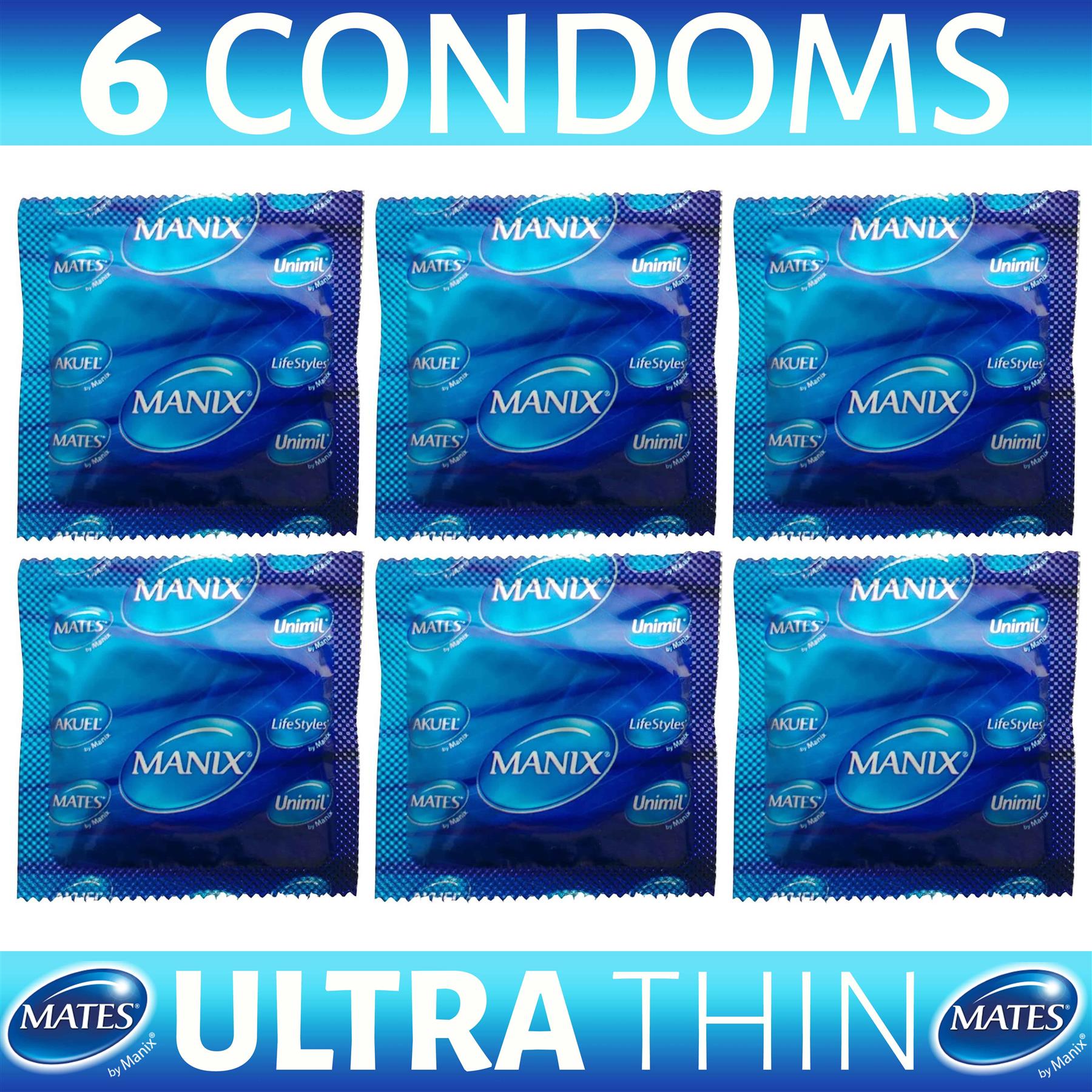 Pack of six Mates ultra thin condoms in blue individual wrappers by Manix