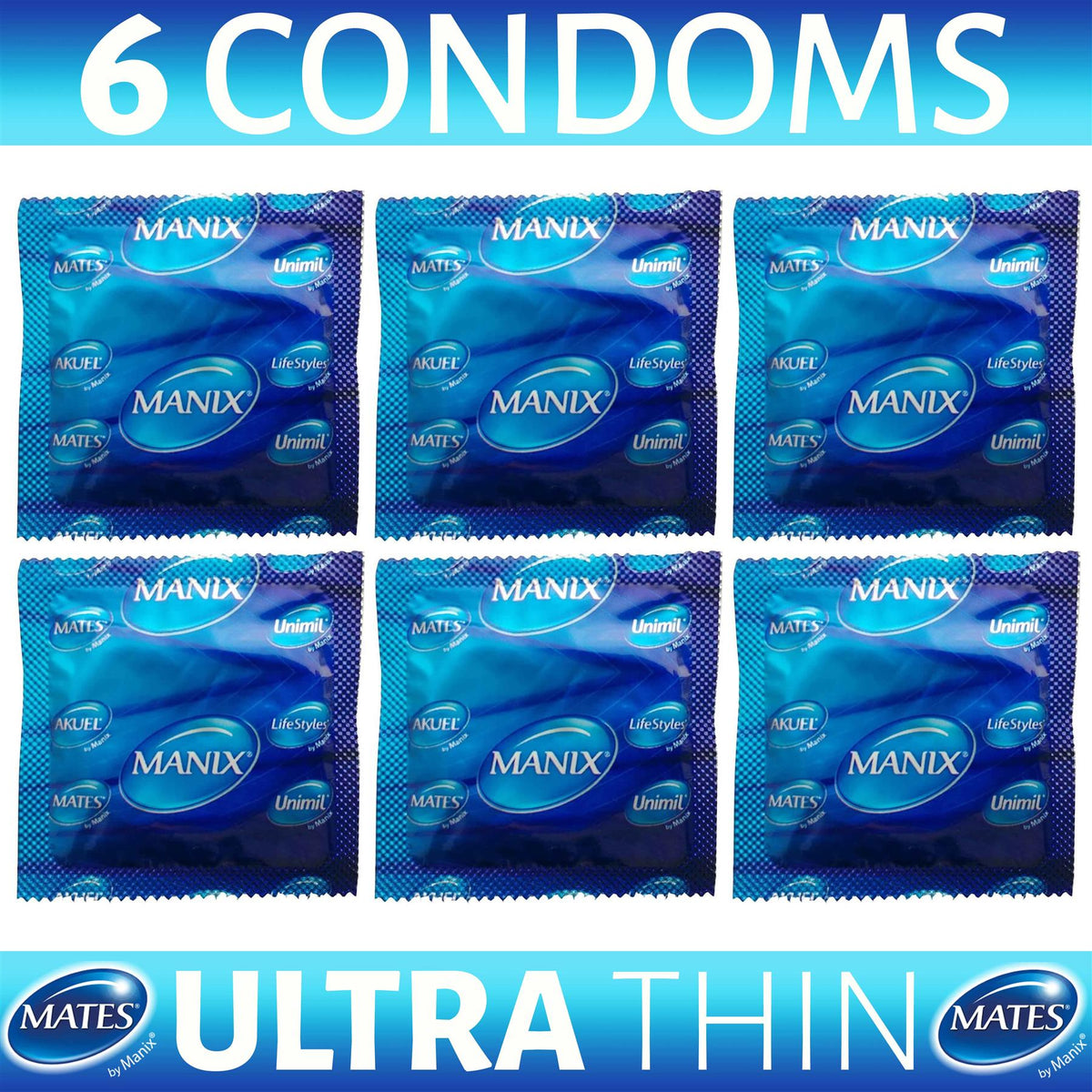 Pack of six Mates ultra thin condoms in blue individual wrappers by Manix