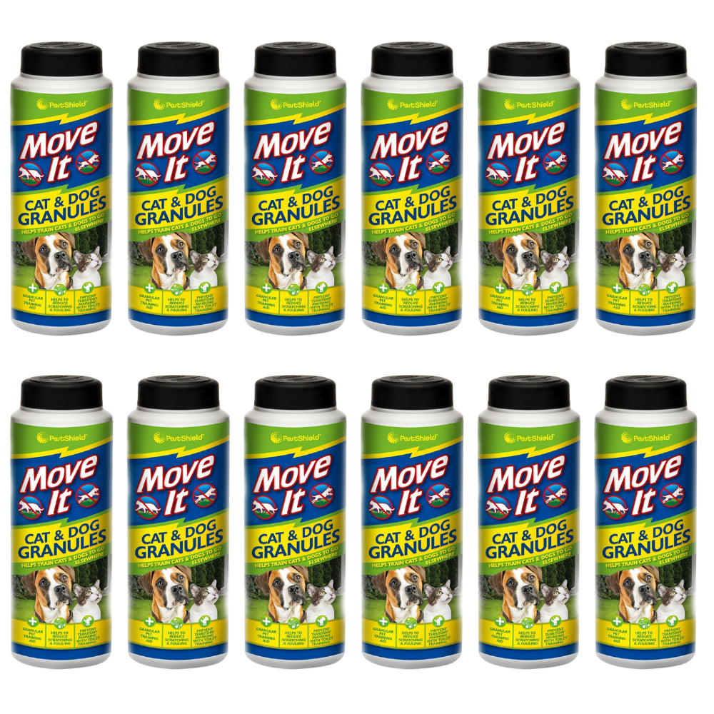 PestShield Move It Cat and Dog Granules repellent powder UK in twelve bottles for effective pet control