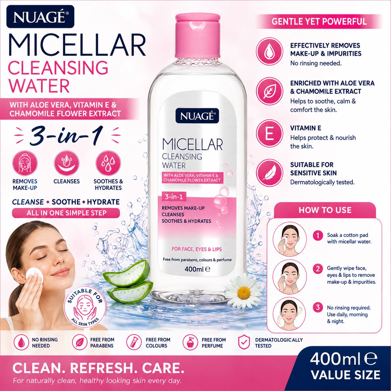 Nuage Micellar Water 400ml for cleansing, soothing, and hydrating skin while removing makeup and impurities