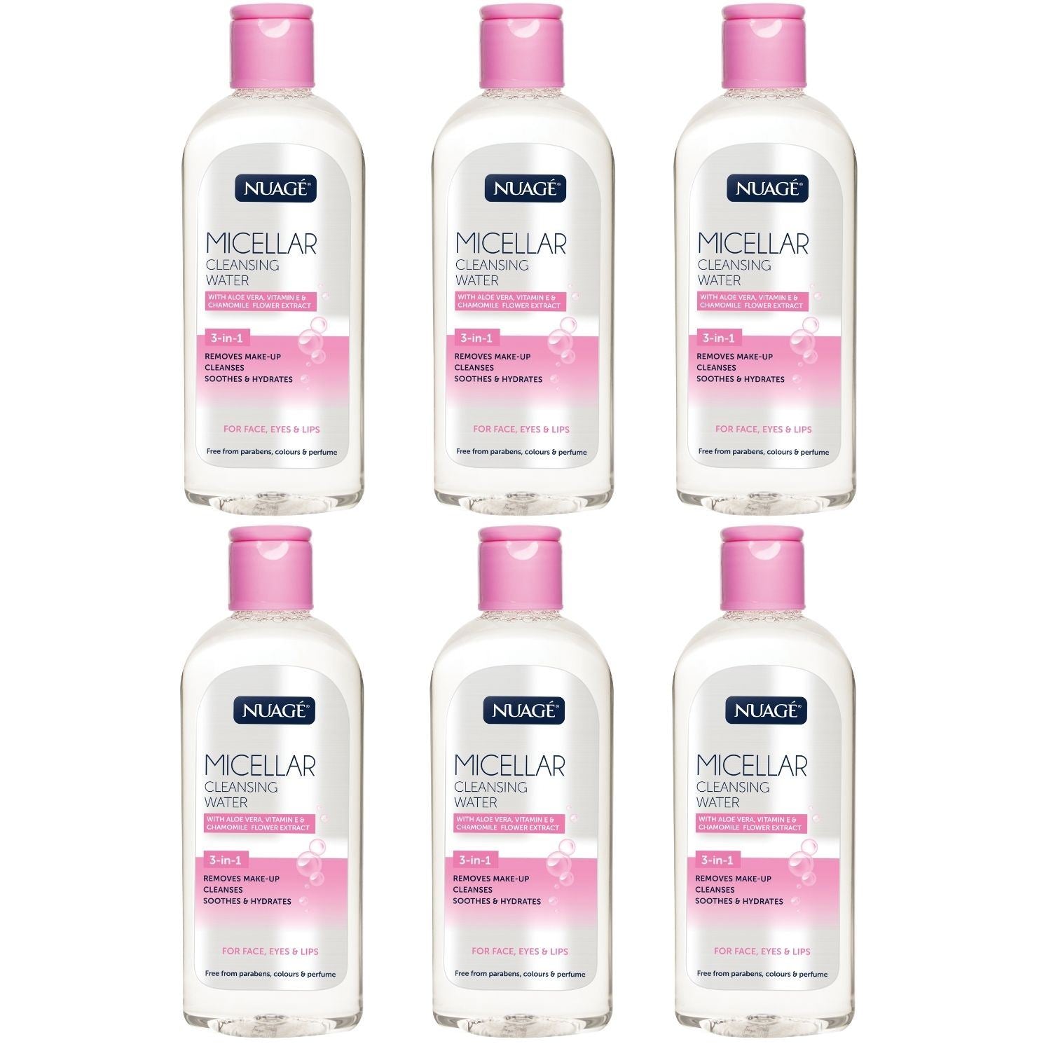 Nuage Micellar Water Cleansing Water for face, eyes, and lips, packaged in six bottles