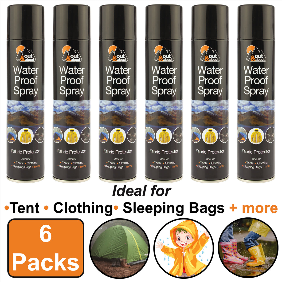 Out & About Waterproof Spray for Clothing in a 6-pack, ideal for tents and sleeping bags