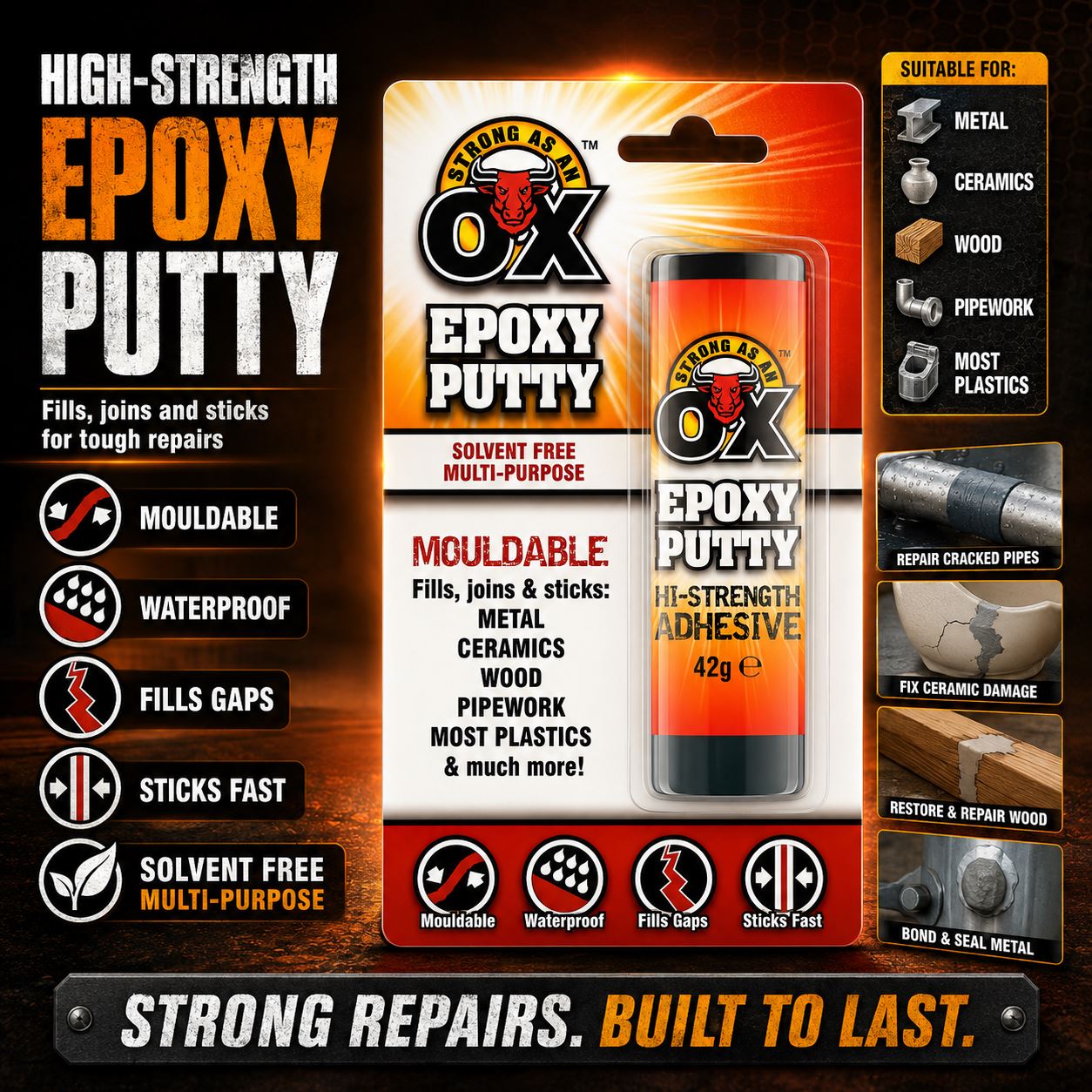 SAAO High-Strength Epoxy Putty for metal, wood, and ceramic repairs, 42g tube for tough jobs.