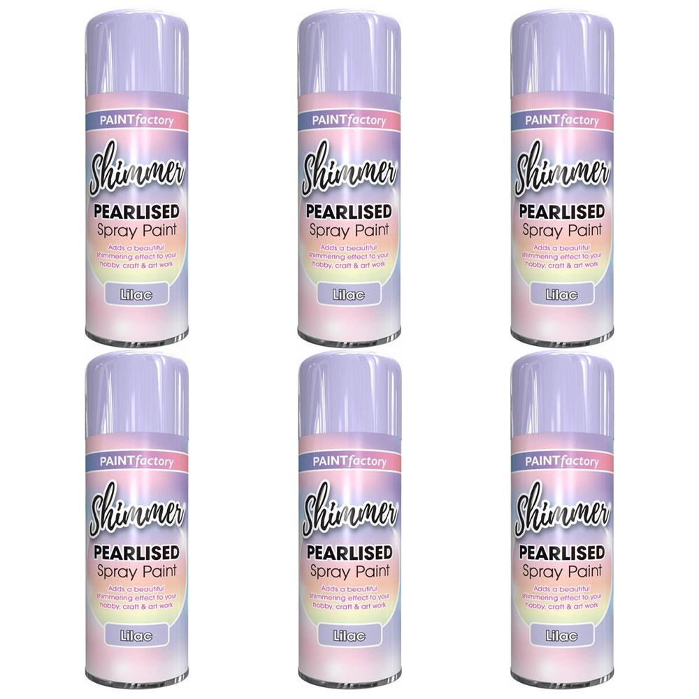 Six cans of Paint Factory pearlised lilac spray paint with shimmer finish for crafts and DIY