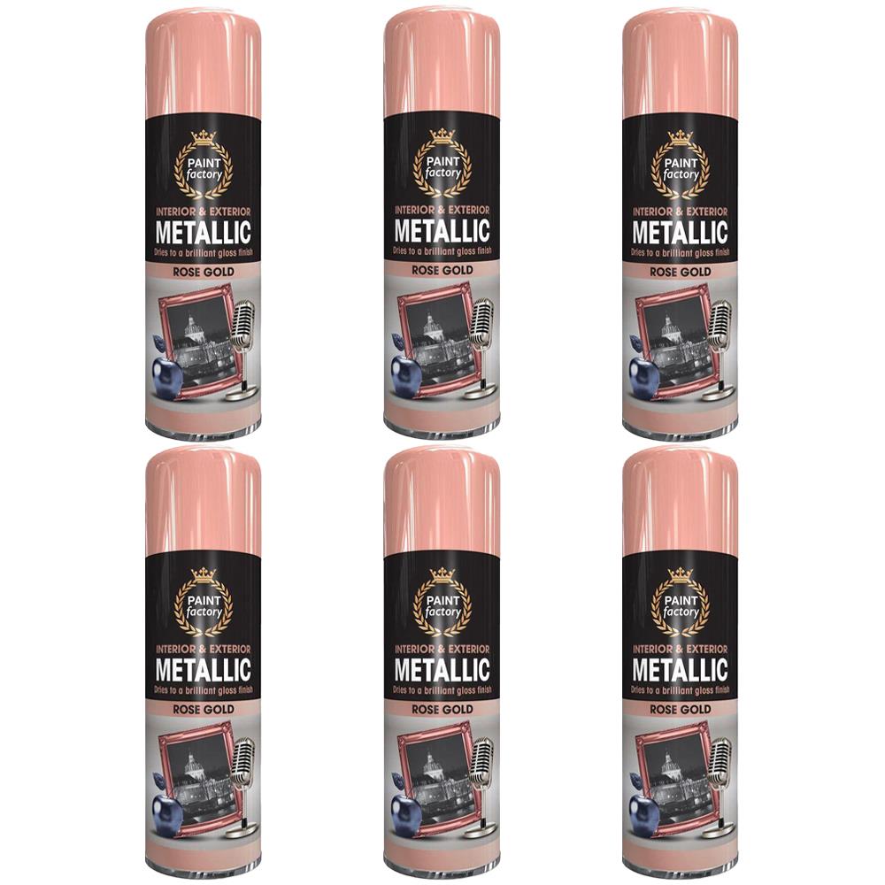 Six cans of Paint Factory rose gold metallic spray paint for interior and exterior use