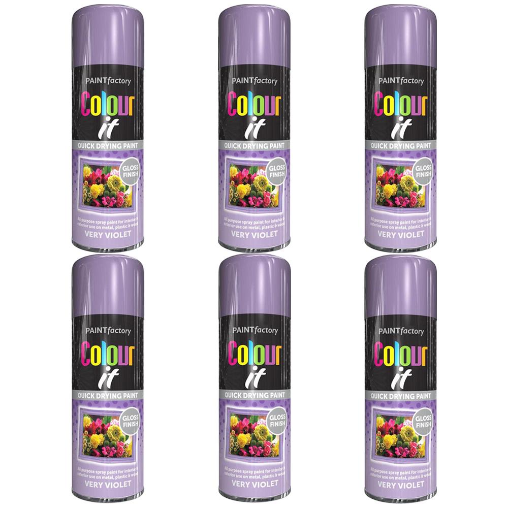Six cans of Paint Factory Very Violet spray paint with gloss finish quick drying formula