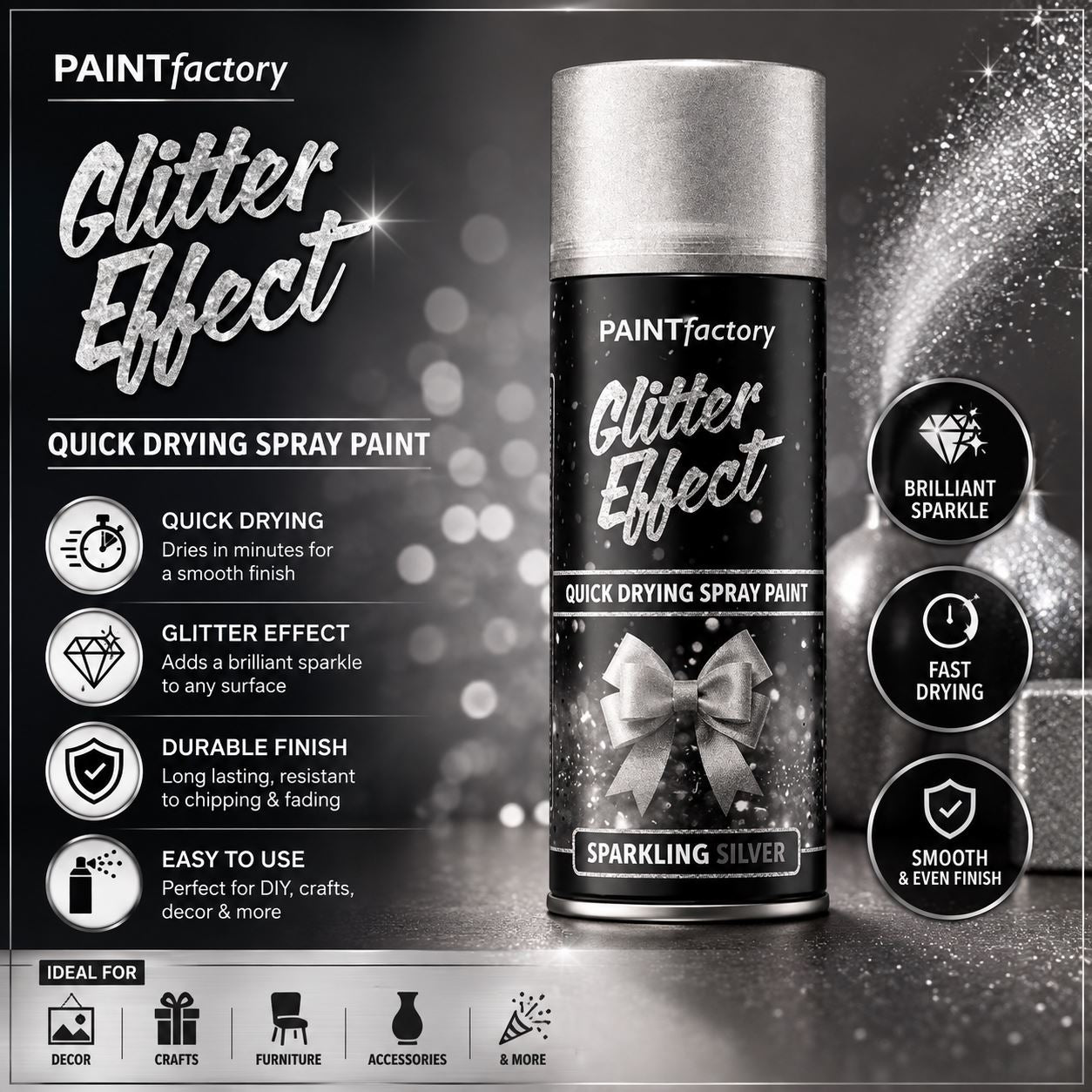PAINTfactory Glitter Effect Quick Drying Spray Paint in Sparkling Silver for use with paint with spray gun