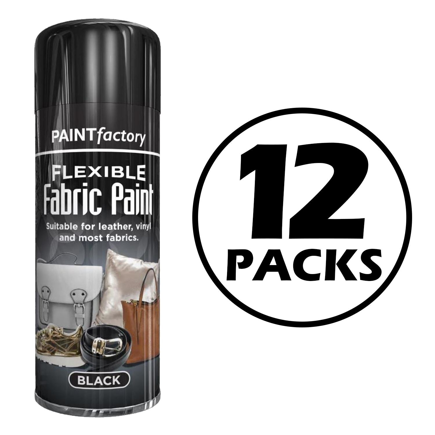 Paint Factory black fabric spray paint in a 12 pack, perfect for leather and vinyl projects