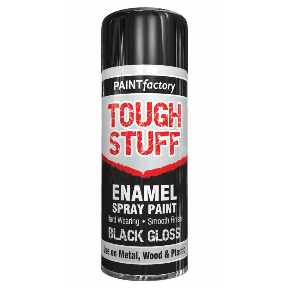 Paint Factory Tough Stuff black gloss enamel spray paint with hard wearing and smooth finish for metal, wood and plastic