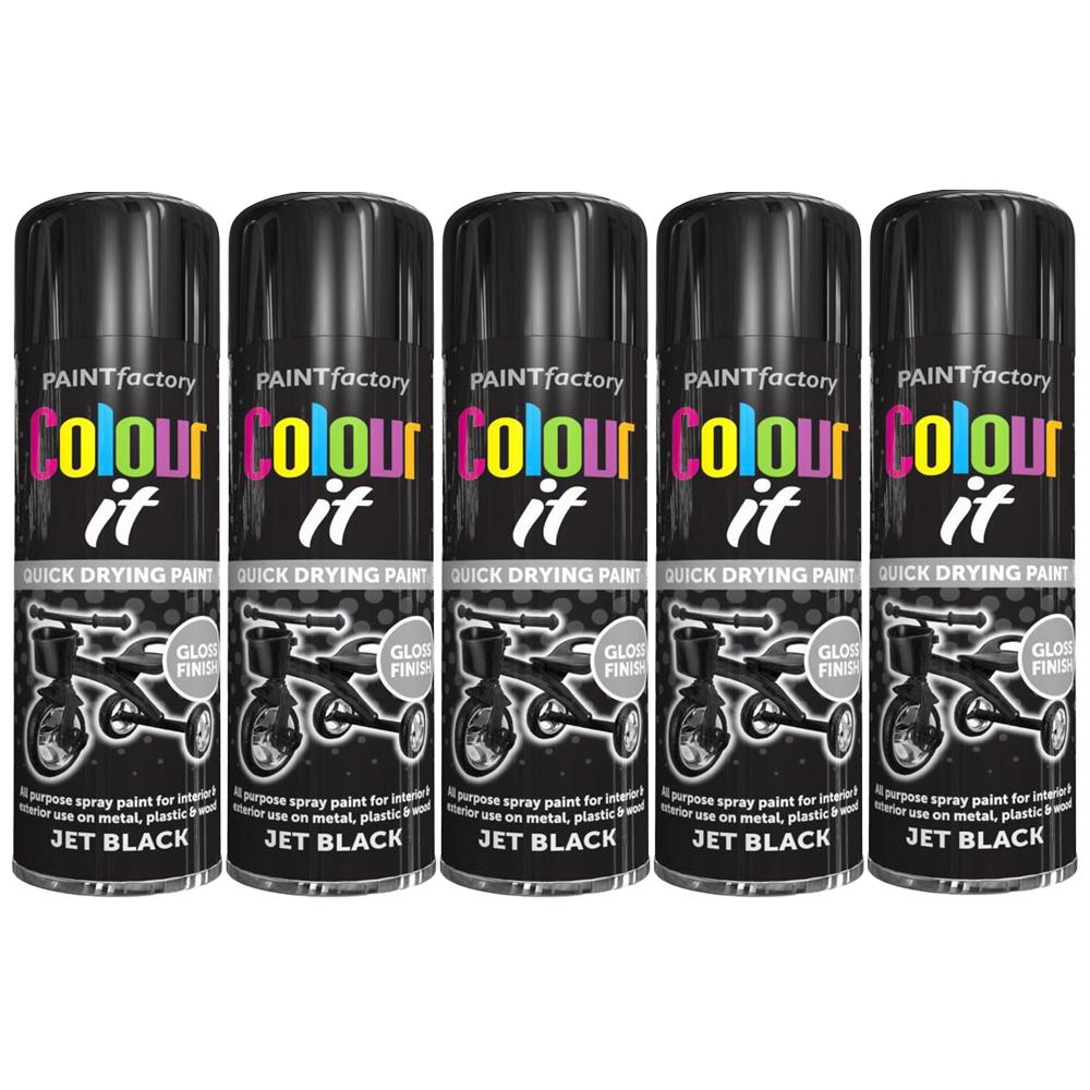 Set of Paint Factory black gloss spray paint cans with quick drying jet black colour it finish
