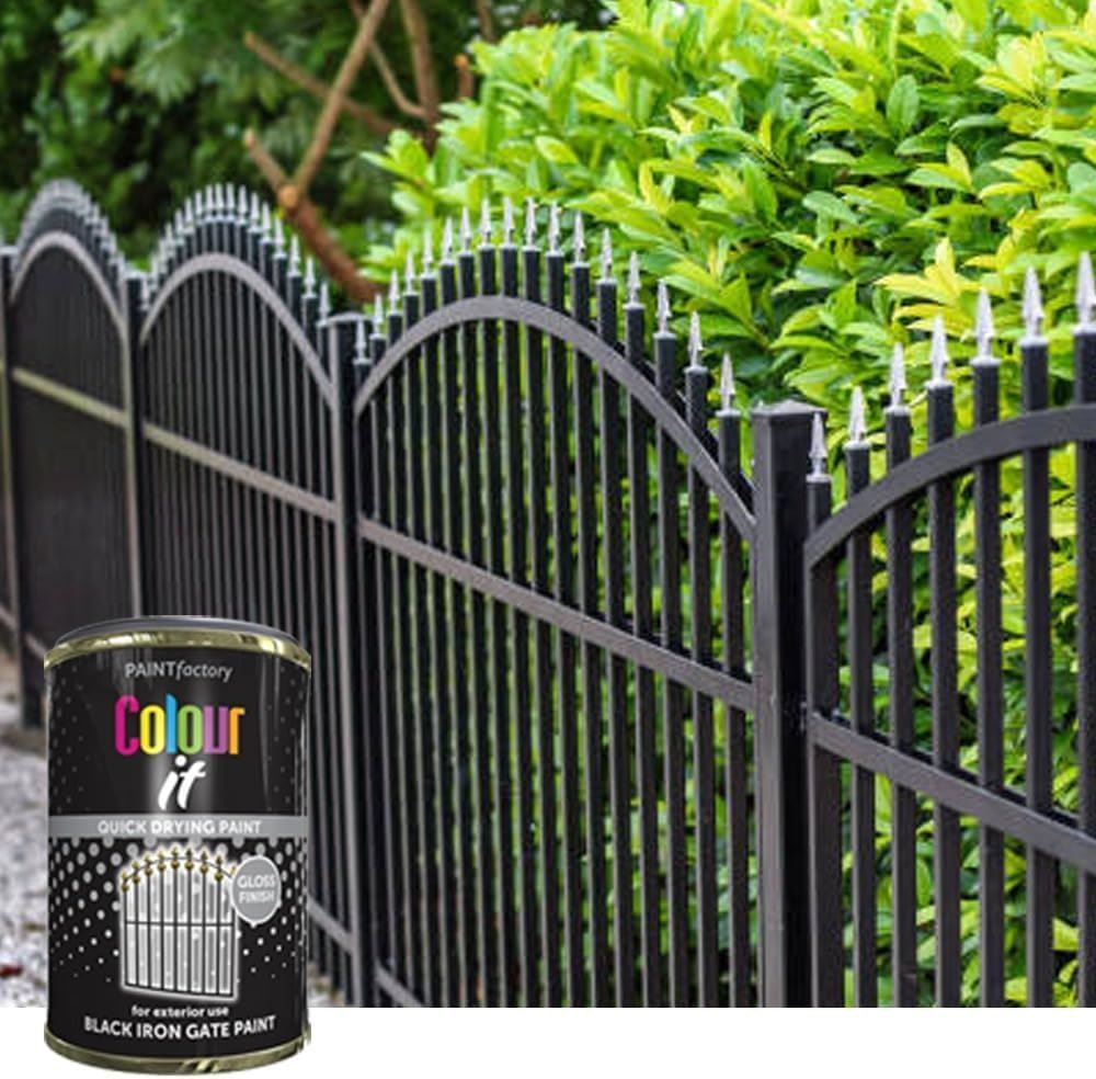 Tin of Paint Factory black iron gate gloss paint next to a freshly painted iron fence